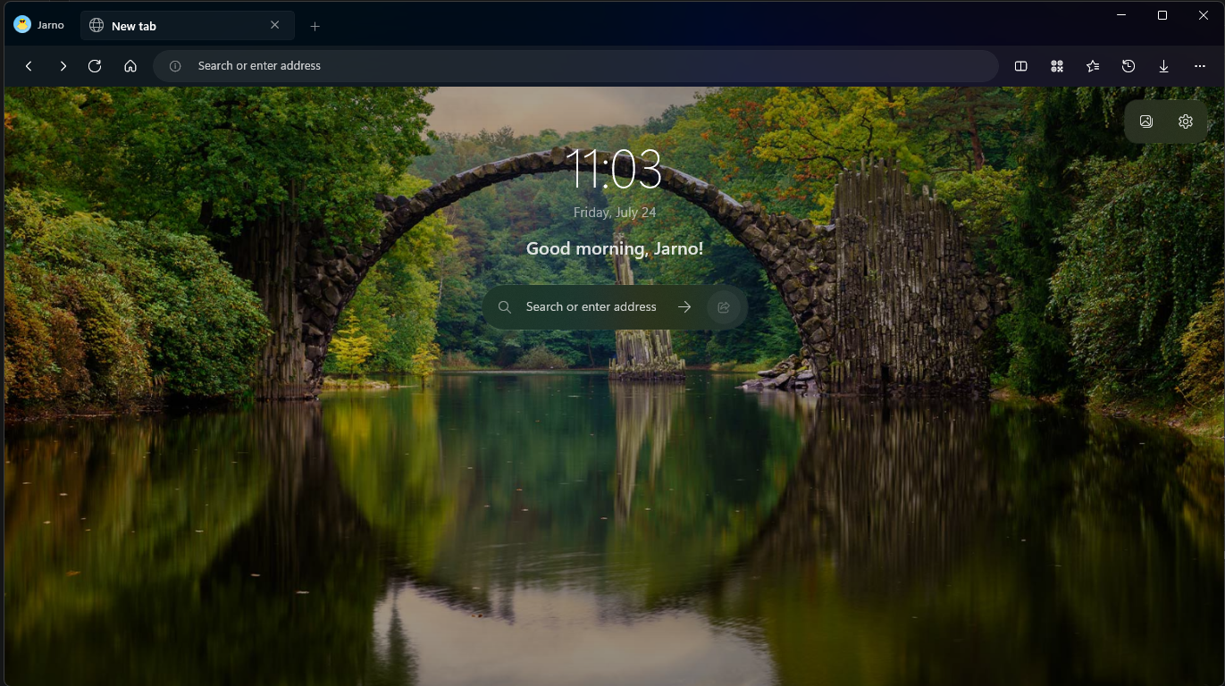 ZenSurf on Windows: a new tab page with a full-bleed wallpaper, the time, the date, a personal greeting and a centred search bar.